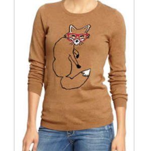 Old Navy Women's Pullover Sweater Sz S Camel Brown Graphic Fox Ribbed Trim Knit‎